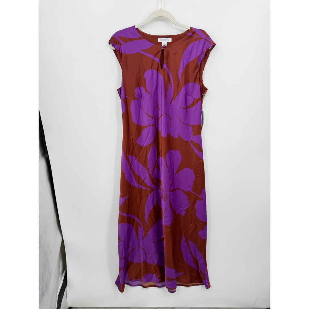 Liz Claiborne Floral Satin long Dress Womens Large Brown Purple Keyhole FA24